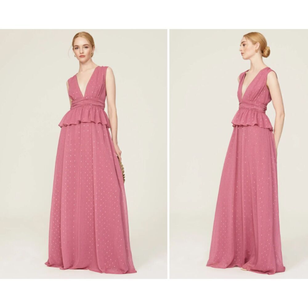 LDT Peplum Waist Gown Deep Rose Pink Chiffon with Metallic Bling Zip Back Size 4